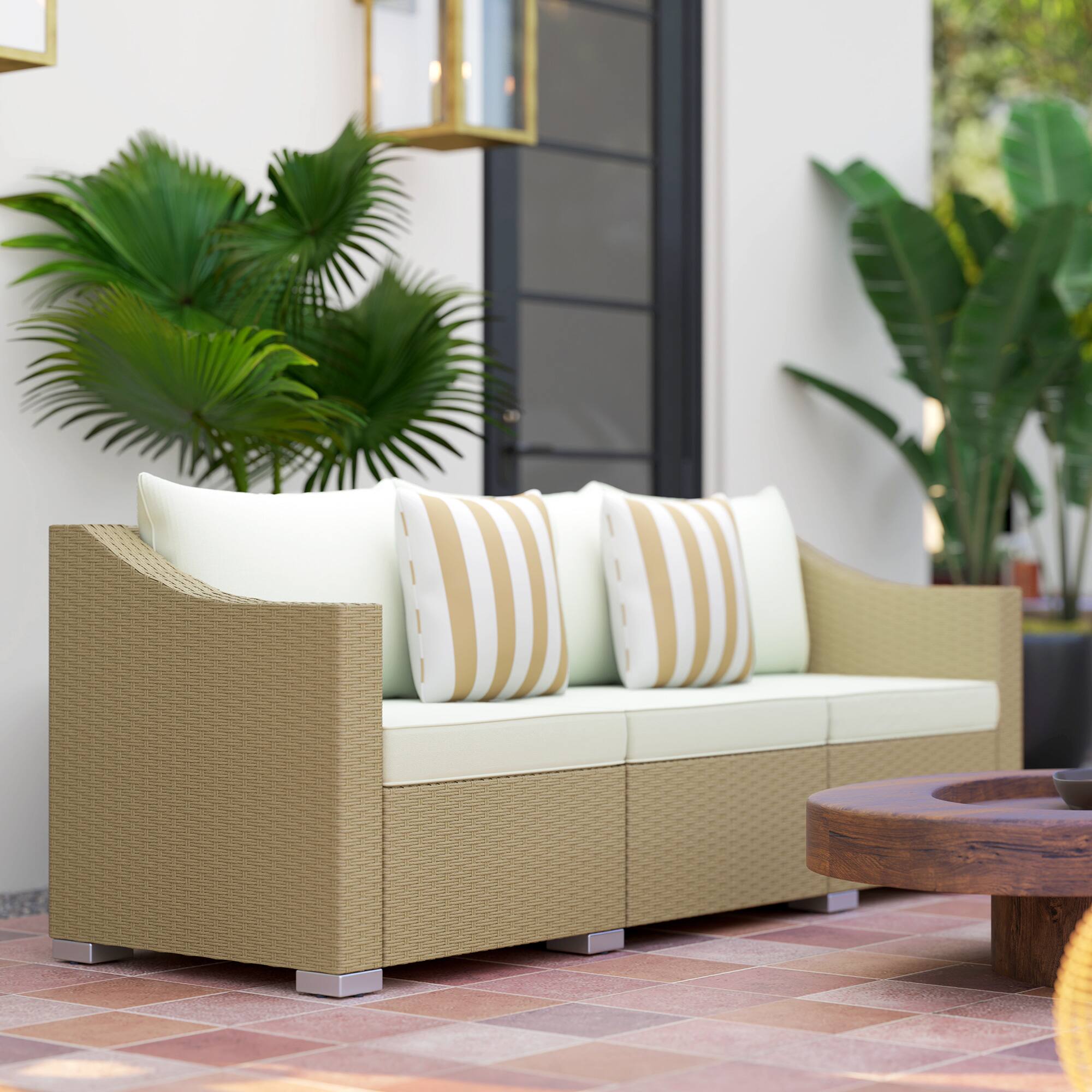 Alt View 7. Outsunny - 3 Seater Patio Sofa, Wicker Sofa with Cushions, Outdoor Furniture Rattan Couch with 2 Throw Pillows, Deep Seating - Cream White.