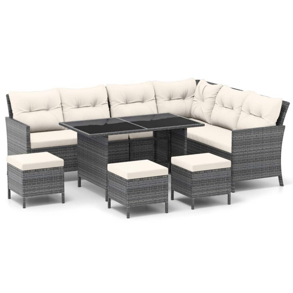 Mondawe - 7 Pieces Patio Dining Furniture Set with Soft Cushions and Ottomans - White