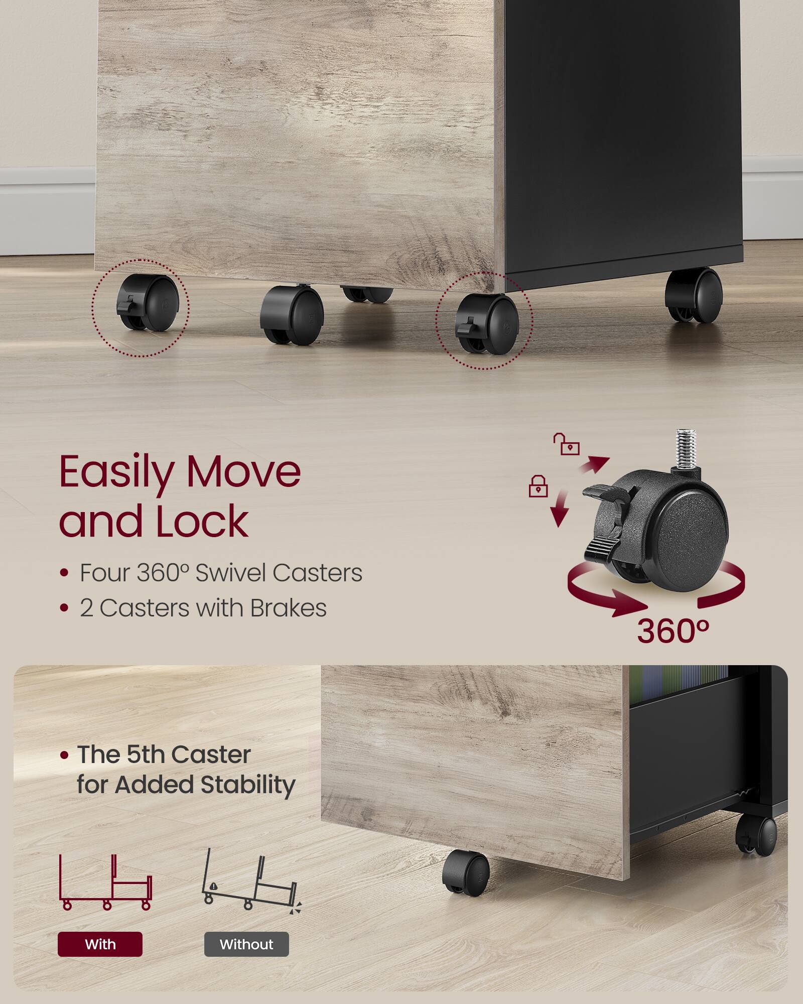 Easily Move and Lock  
- Four 360° Swivel Casters  
- 2 Casters with Brakes  

The 5th Caster for Added Stability  

With  
Without