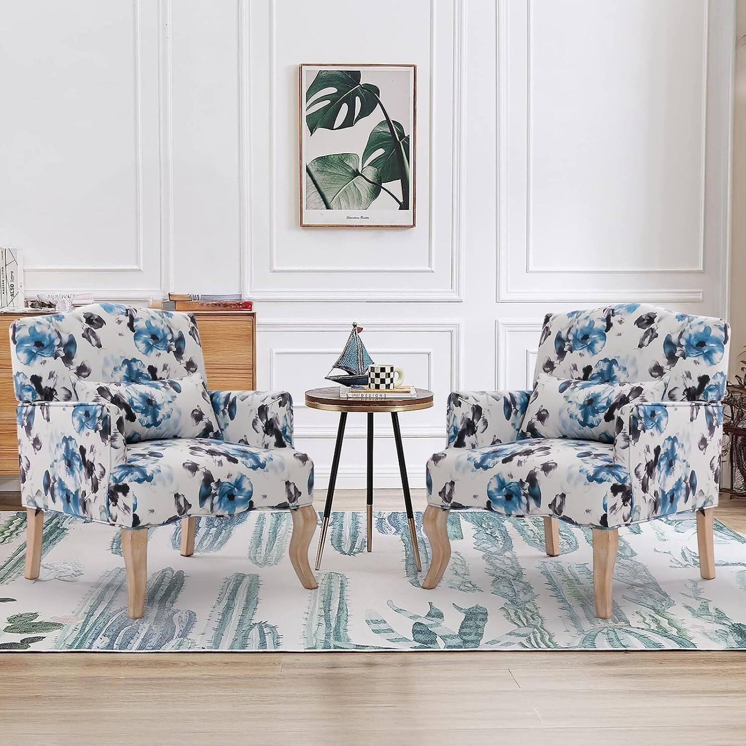 Left. U-HOMY - Mid-Century Accent Chair with Floral Fabric, Solid Wood Frame & High-Resilience Foam for Living Room - Blue.