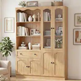 Aheaplus - 80'' Tall Bookcase with Drawer and Glass Doors, 51.1'' Width Bookshelf with Adjustable Shelves, 2 Packs - Nature
