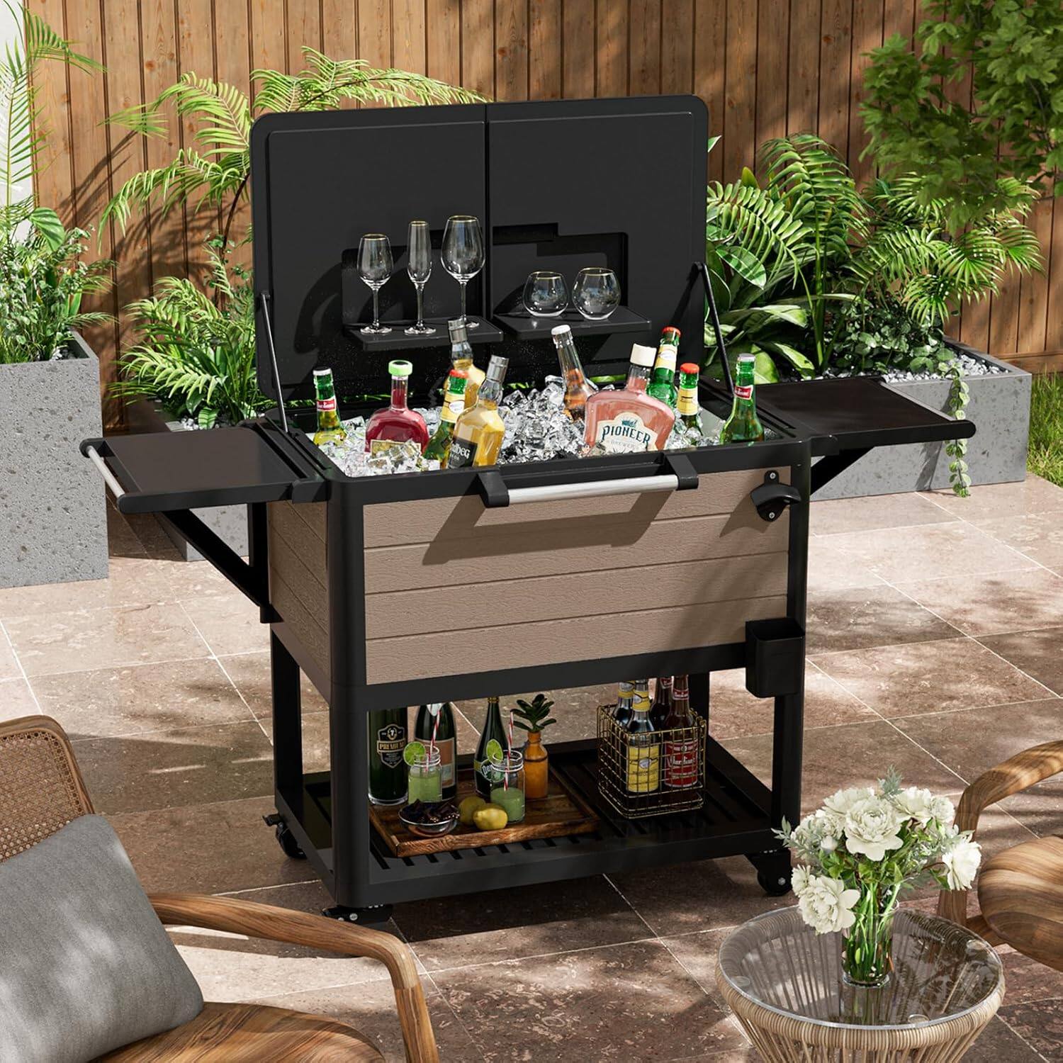 Angle. Yardgrace - 104 Quart Rolling Ice Chest Cooler Cart Ice bucket,Patio Backyard Party Drink Beverage Bar Stand Up Cooler Trolley - Brown.