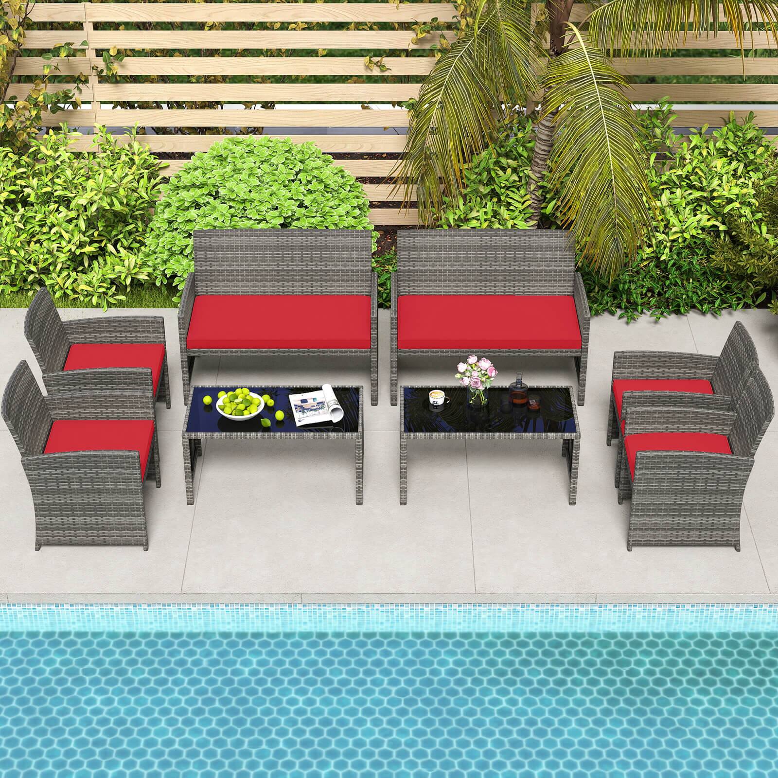 Alt View 4. Costway - Costway 8 PCS Patio Conversation Set with Seat Cushions & Tempered Glass Tabletop, Outdoor - Red,Gray.