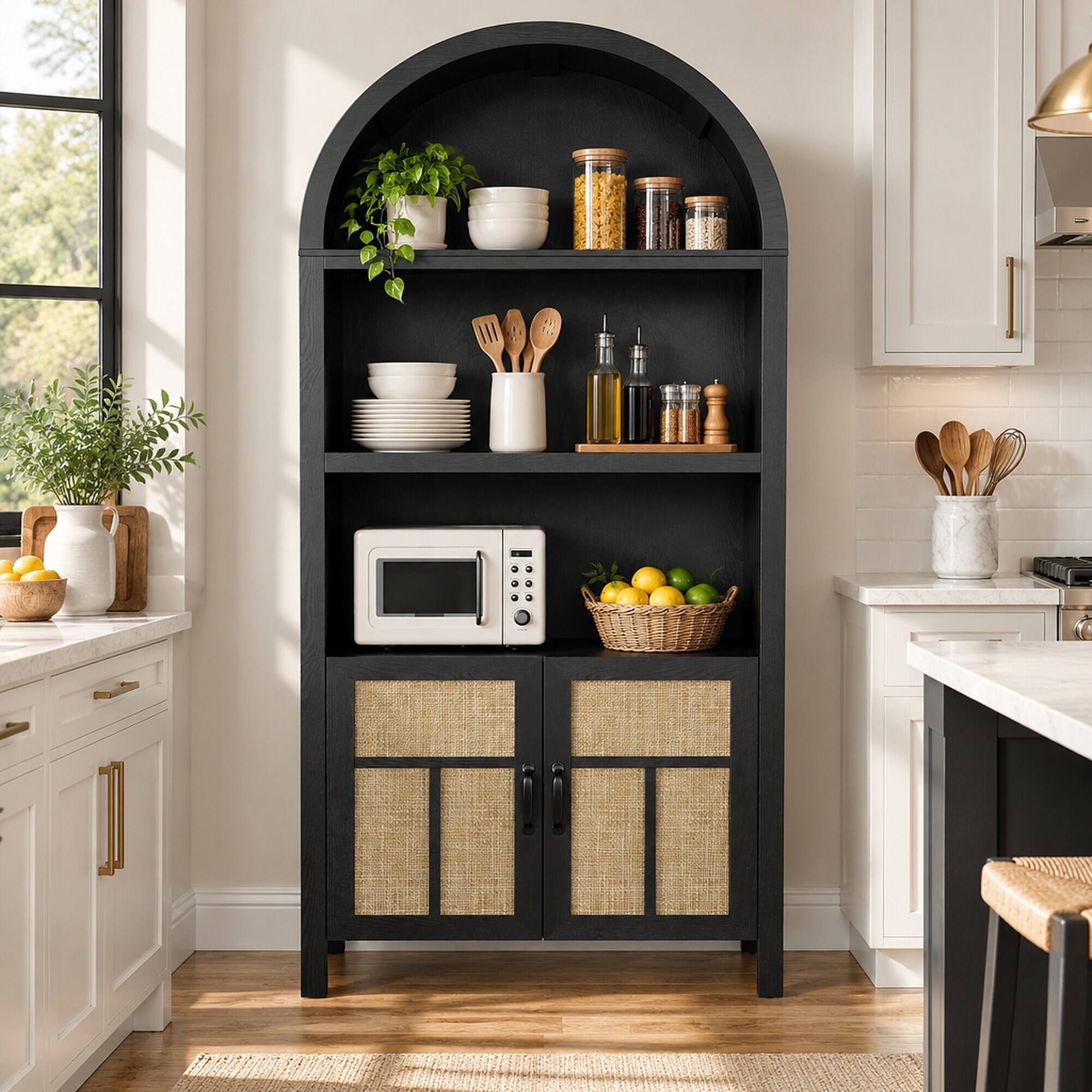 RYHNUYNE Freestanding 70 Inch Arched Storage Cabinet with Rattan Doors ...
