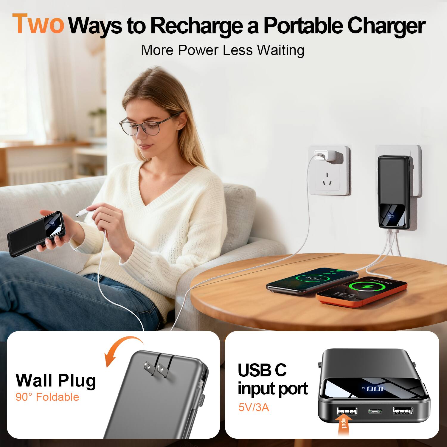 Two Ways to Recharge a Portable Charger  
More Power Less Waiting  

Wall Plug  
90° Foldable  

USB C input port  
5V/3A