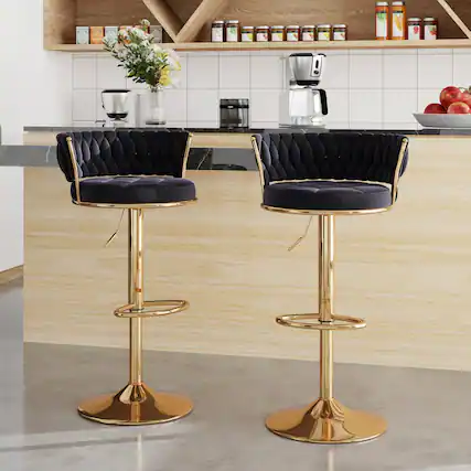 Front. Vecelo - Set of 2 Velvet Bar Stools with 360° Swivel & Adjustable Height - Modern Counter Stools - Black.