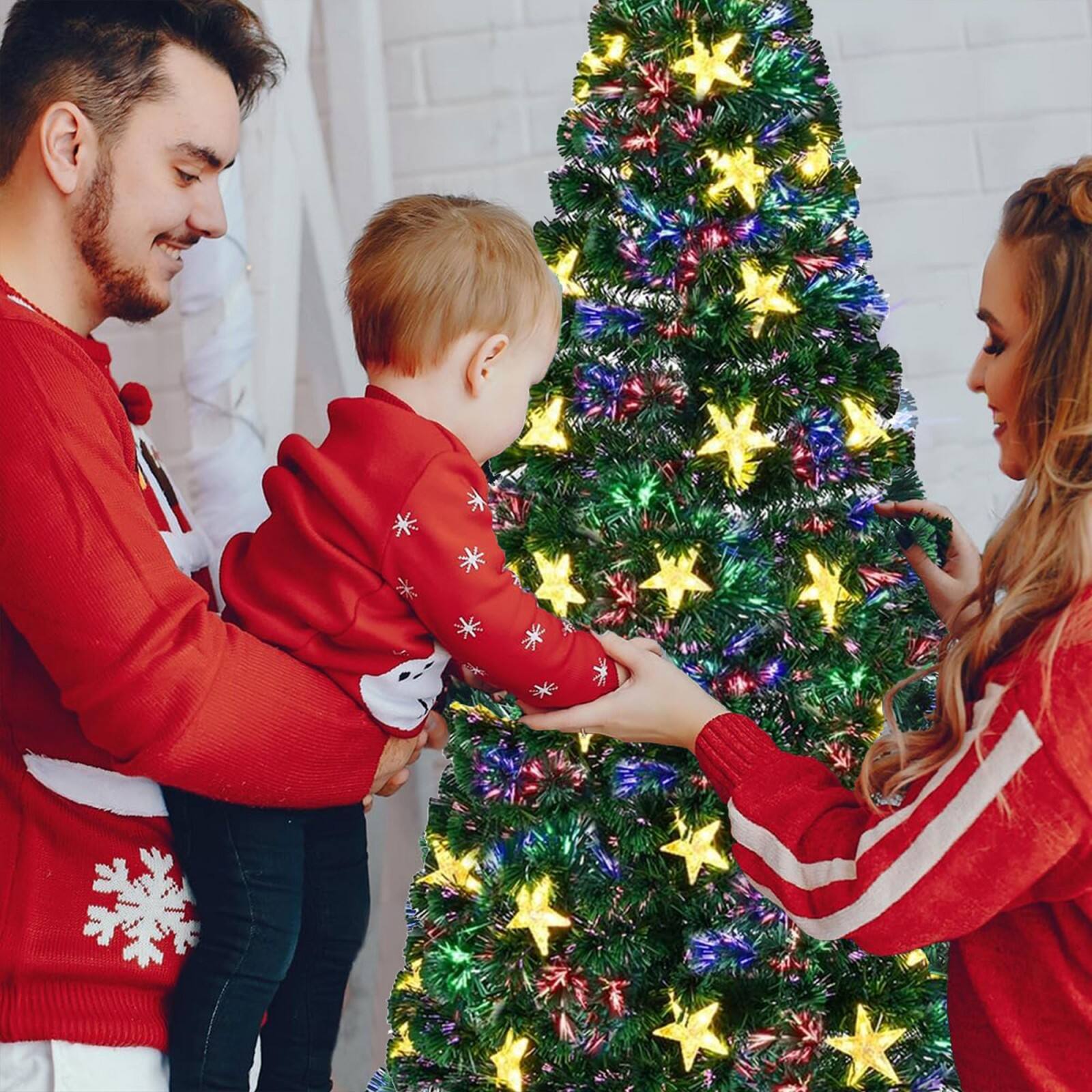 Alt View 8. Ecooso - 6FT Pre-lit Fiber Optic Christmas Tree with Large Stars, Spruce Tree Color Changing Optical Fiber Lights, Metal Stand - Green.