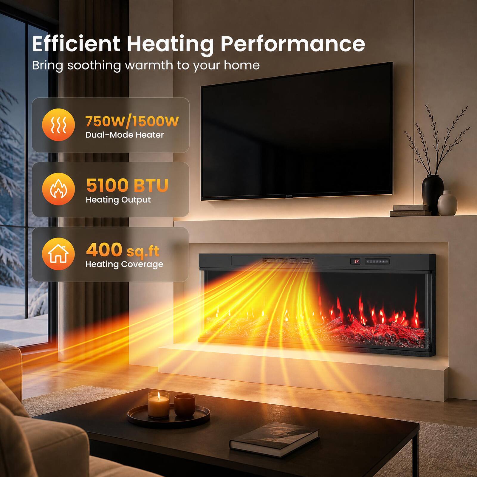 Efficient Heating Performance  
Bring soothing warmth to your home

750W/1500W Dual-Mode Heater  
5100 BTU Heating Output  
400 sq.ft Heating Coverage