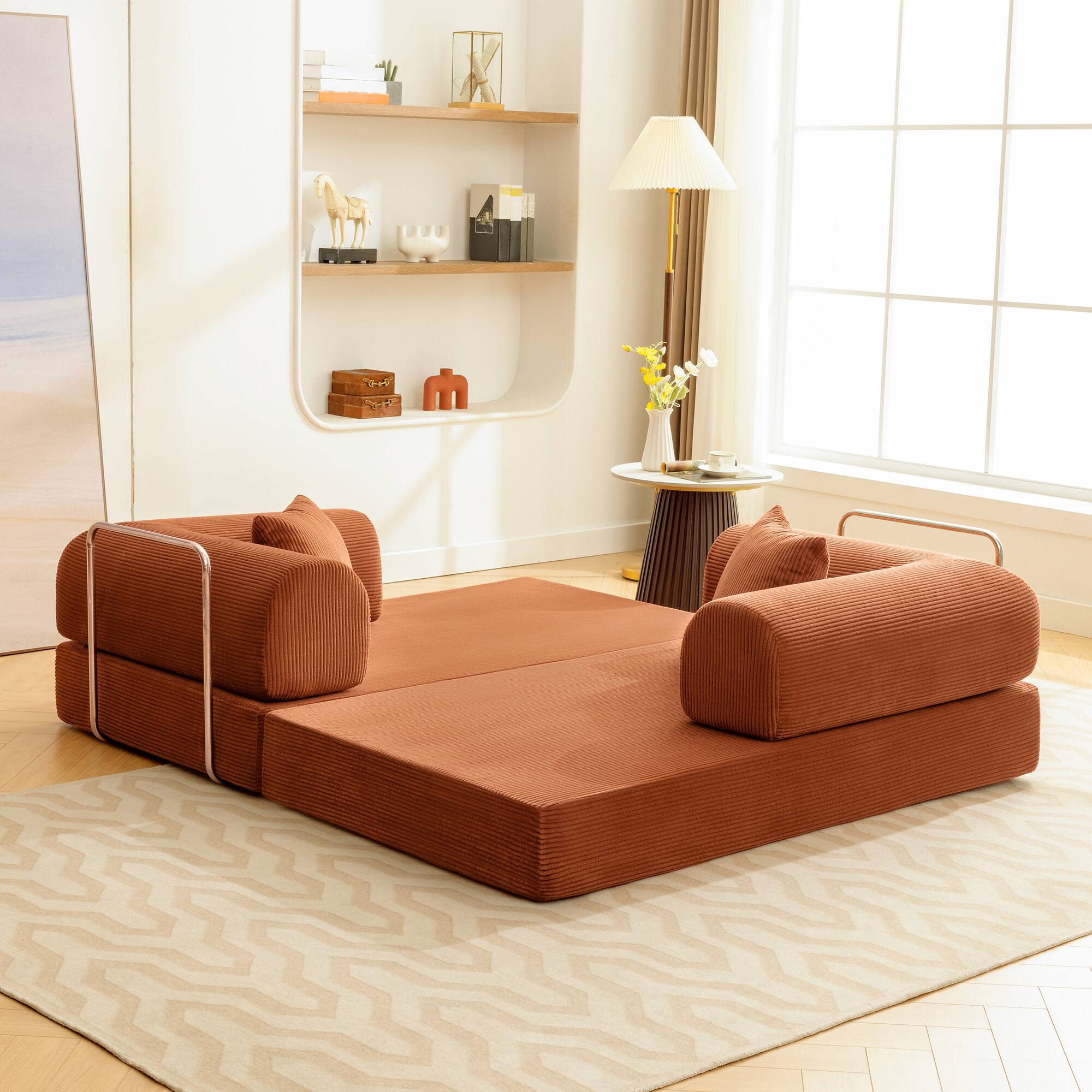 Alt View 10. KERDOM - 62'' Wide Corduroy Sleeper Sofa Bed, Convertible Loveseat Sofa With Pull-out Bed, Foldable Spliced Block Lounge Couch - Pumpkin Brown.