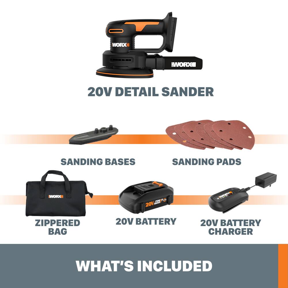 The text on the image can be grouped and corrected as follows:

1. WORX 20V DETAIL SANDER: A powerful detail sander for sanding small and intricate areas.
2. SANDING BASES: These are used to hold the sanding pads in place while sanding.
3. SANDING PADS: These are the actual sanding pads that come in various shapes and sizes to suit different sanding needs.
4. WORX 20V41O PE 201 ADE: This is a 20V battery pack that powers the detail sander and other tools in the WORX 20V system.
5. ZIPPERED BAG: A zippered bag is included to store and organize the sanding pads and other accessories.
6. 20V BATTERY: A 20V battery is included to power the detail sander and other tools in the WORX 20V system.
7. 20V BATTERY CHARGER: A 20V battery charger is included to recharge the battery pack when it runs out of power.
8. WHAT'S INCLUDED: A summary of the items included in the WORX 20V detail sander kit.
