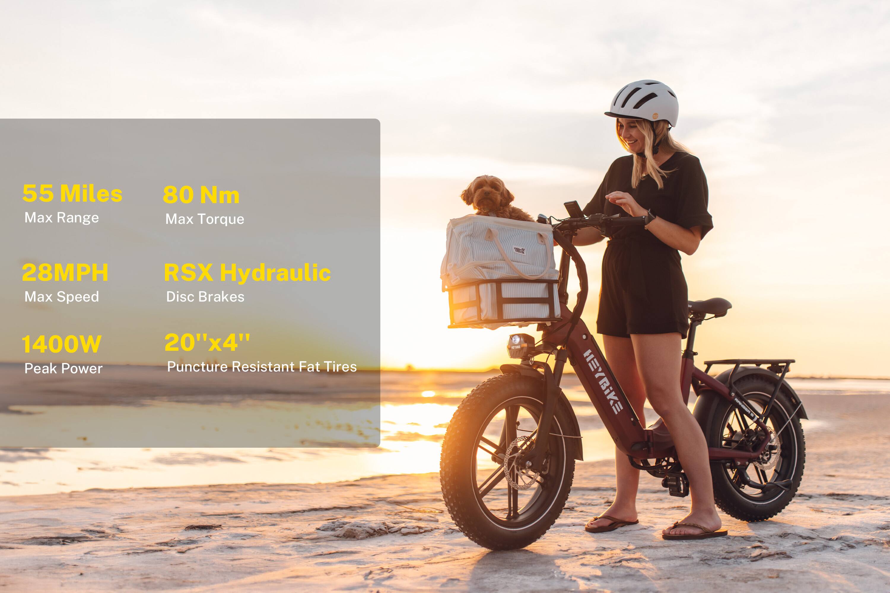 The text on the image reads:

55 Miles Max Range 80 Nm Max Torque 28MPH Max Speed RSX Hydraulic Disc Brakes 1400W Peak Power 20"x4" Puncture Resistant Fat Tires - Heybike - S