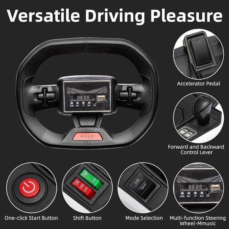 Versatile Driving Pleasure

- Accelerator Pedal
- Forward and Backward Control Lever
- One-click Start Button
- Shift Button
- Mode Selection
- Multi-function Steering Wheel-Music

HALEI

ON Lamp OFF
Drift Sport

88:88