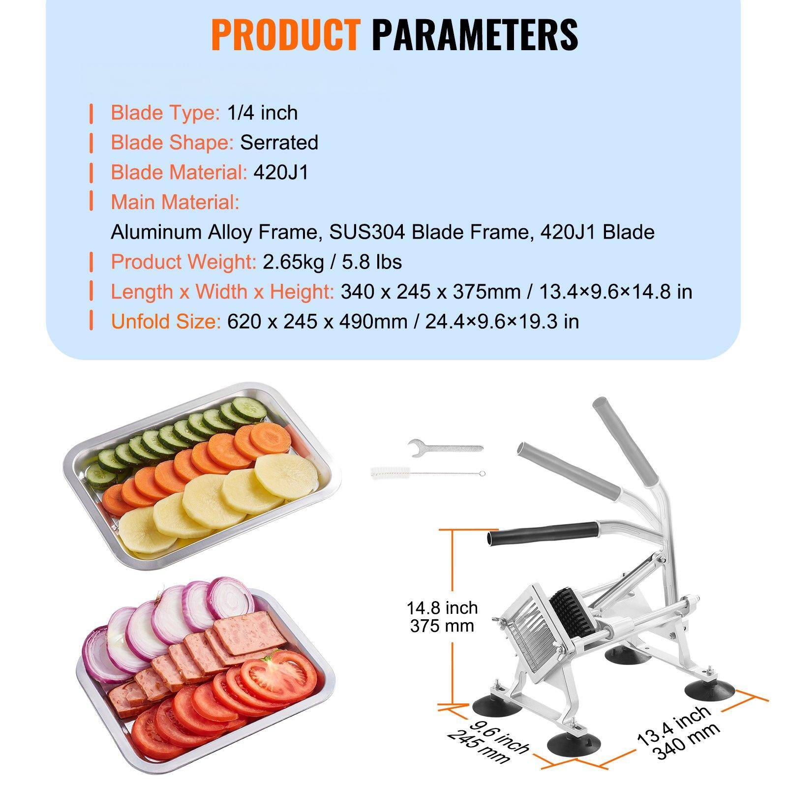 PRODUCT PARAMETERS

- Blade Type: 1/4 inch
- Blade Shape: Serrated
- Blade Material: 420J1
- Main Material: Aluminum Alloy Frame, SUS304 Blade Frame, 420J1 Blade
- Product Weight: 2.65kg / 5.8 lbs
- Length x Width x Height: 340 x 245 x 375mm / 13.4 x 9.6 x 14.8 in
- Unfold Size: 620 x 245 x 490mm / 24.4 x 9.6 x 19.3 in

Dimensions:
- 14.8 inch (375 mm)
- 13.4 inch (340 mm)
- 9.6 inch (245 mm)
