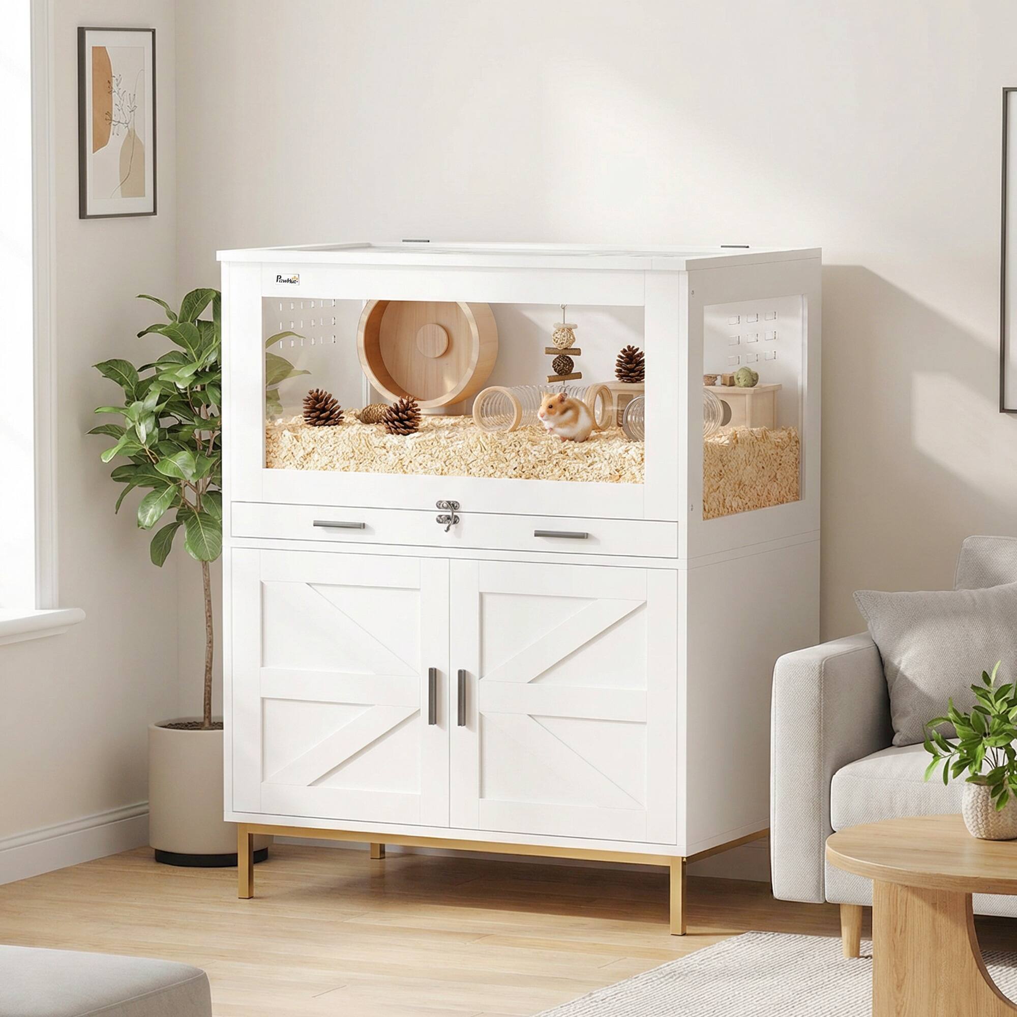 Alt View 1. Pawhut - Cage with Storage Cabinet, Small Animal Cage with Pull Out Drawer and Acrylic Panels - White.