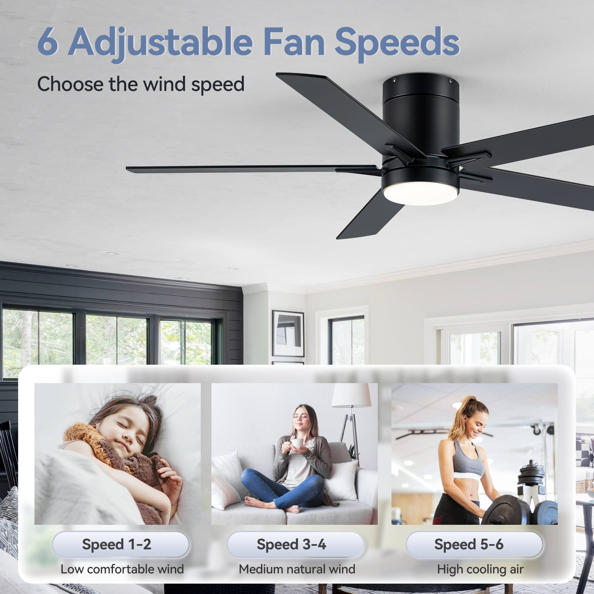 6 Adjustable Fan Speeds

Choose the wind speed

Speed 1-2 Low comfortable wind

Speed 3-4 Medium natural wind

Speed 5-6 High cooling air