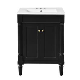 Boyel Living - 24 Inch Bathroom Vanity with Ceramic Sink Solid Wood Frame Double Door Storage - Black