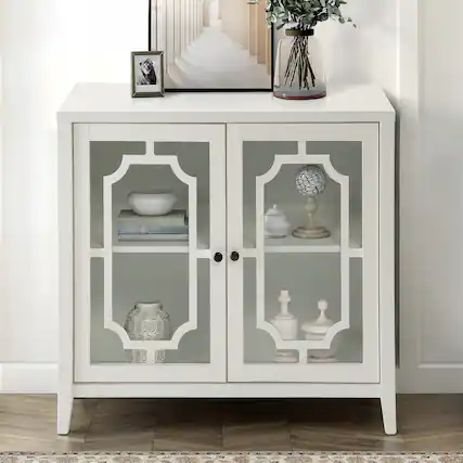 Front. TinyHomie - White Console Table with 2 Doors - White.