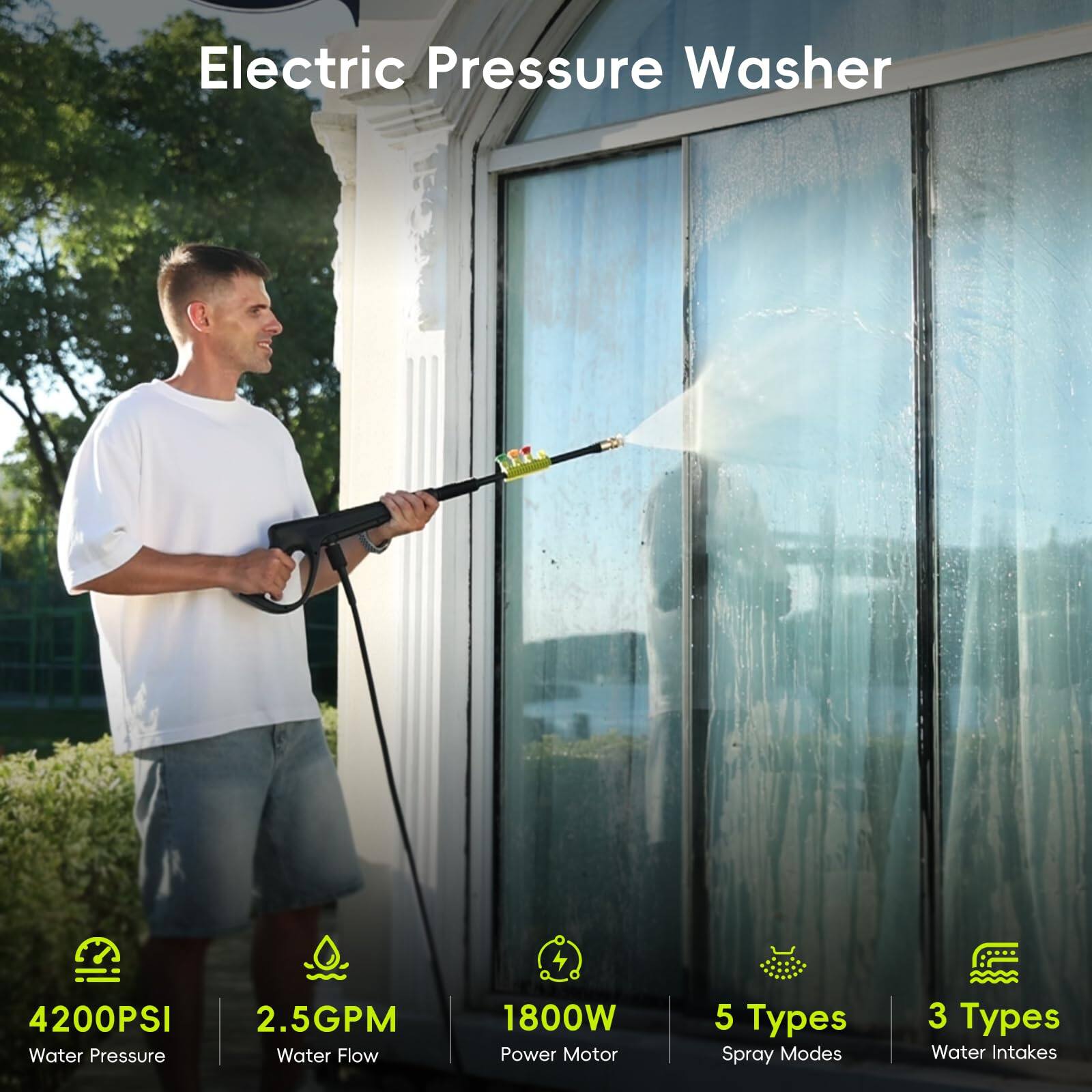Electric Pressure Washer

- 4200PSI Water Pressure
- 2.5GPM Water Flow
- 1800W Power Motor
- 5 Types Spray Modes
- 3 Types Water Intakes