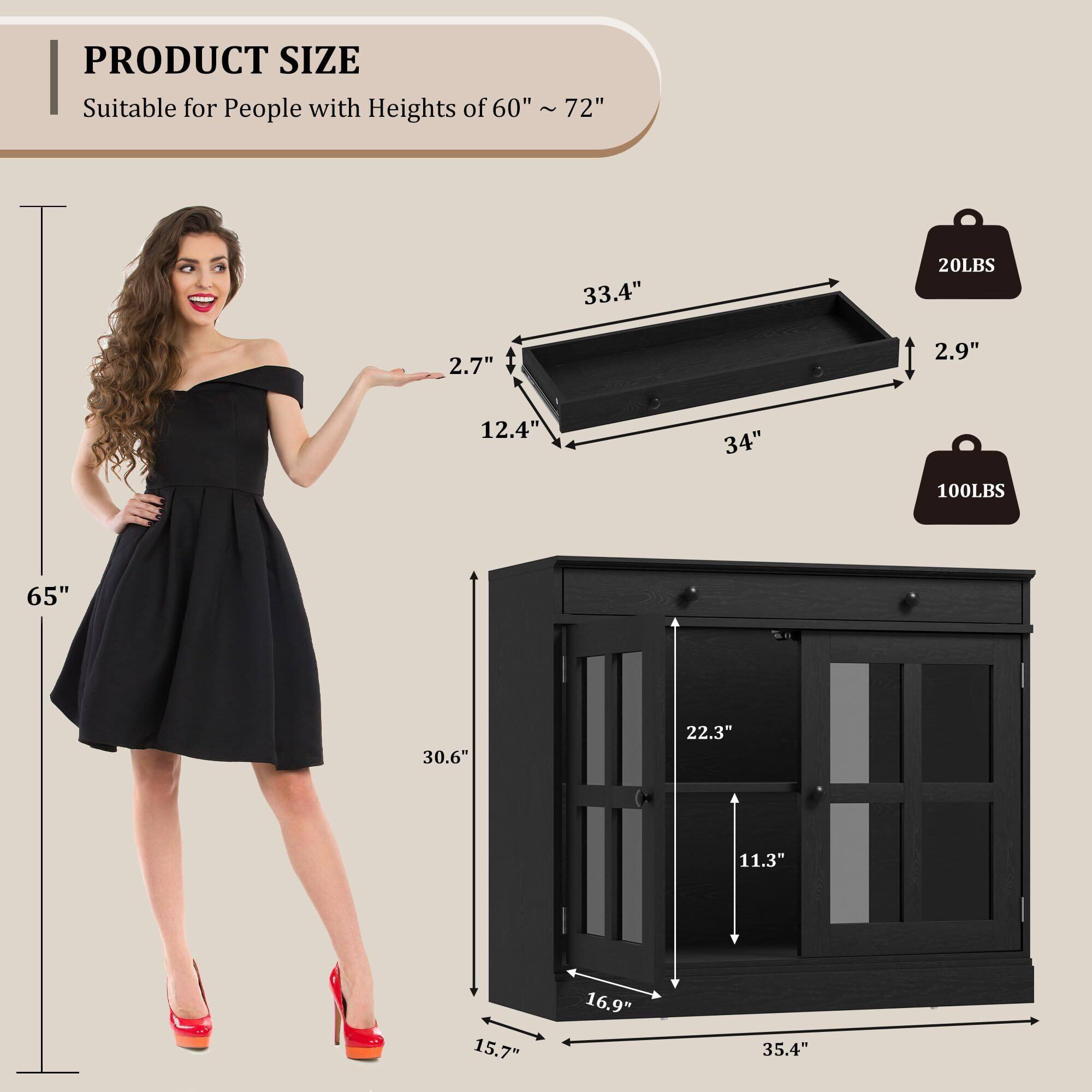 PRODUCT SIZE  
Suitable for People with Heights of 60" ~ 72"  

- 33.4"  
- 2.7"  
- 12.4"  
- 34"  
- 2.9"  
- 20LBS  
- 100LBS  
- 65"  
- 30.6"  
- 22.3"  
- 11.3"  
- 15.7"  
- 16.9"  
- 35.4"