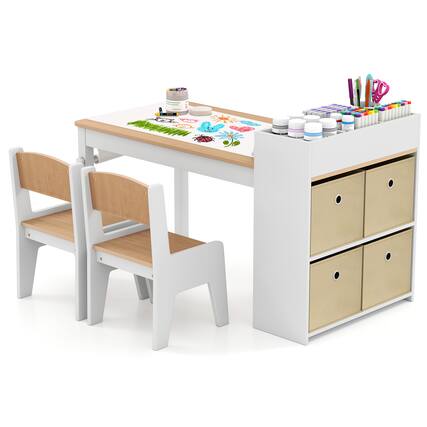 Front. Costway - Costway Kids Art Table & Chairs Set with Paper Roll Wooden Craft Study Desk Active Play Natural - Natural.