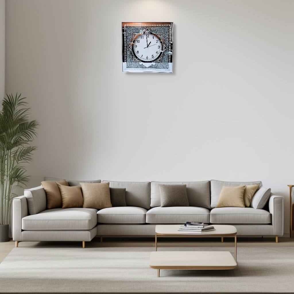 Angle. FC Design - 19"H Silver & Mirrored Glittery Mandala Square Wall Clock - Multicolor.