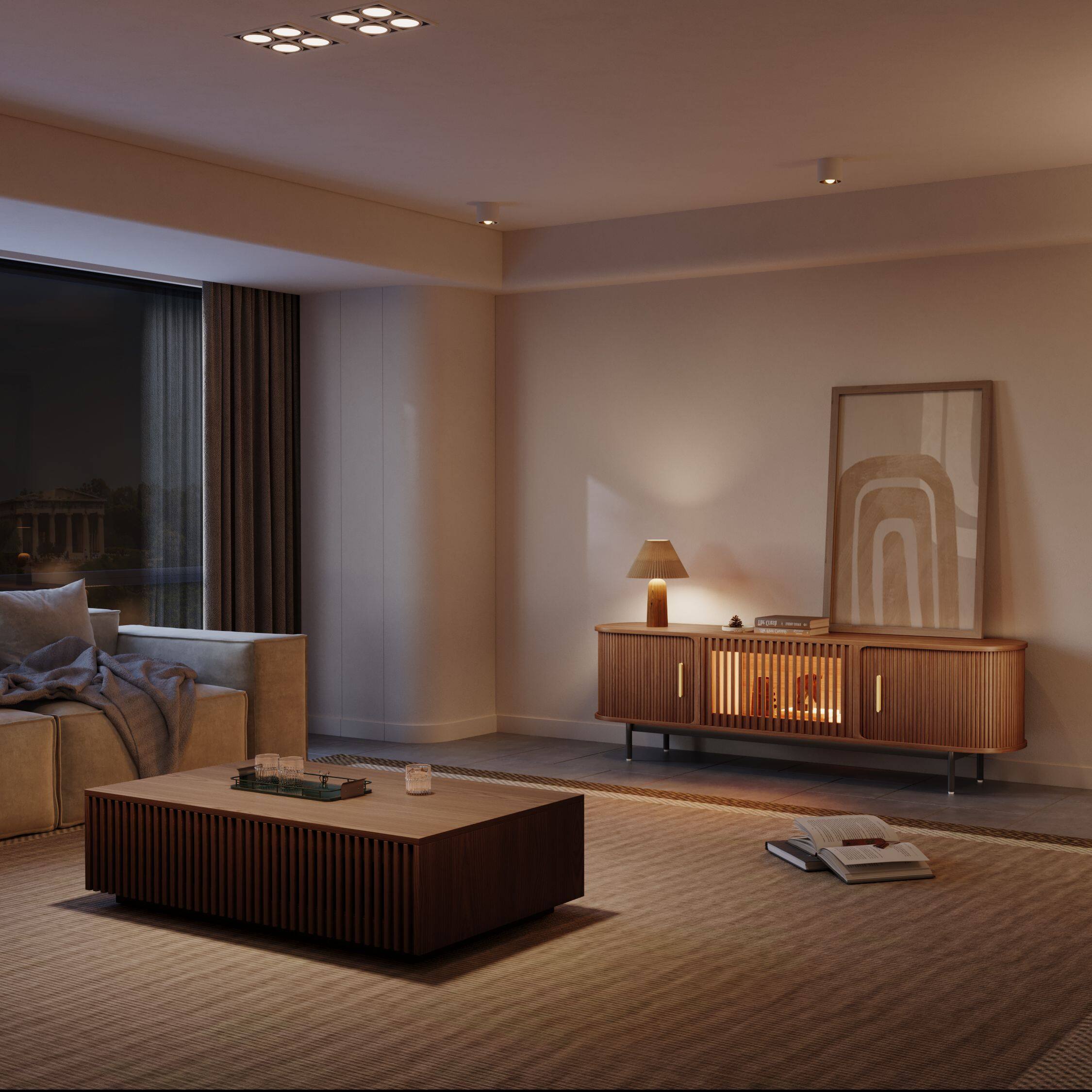 Left. POVISON - 71"Mid-Century Modern Tambour Door TV Stand ,Walnut with LED Lights - Walnut with LED Lights.