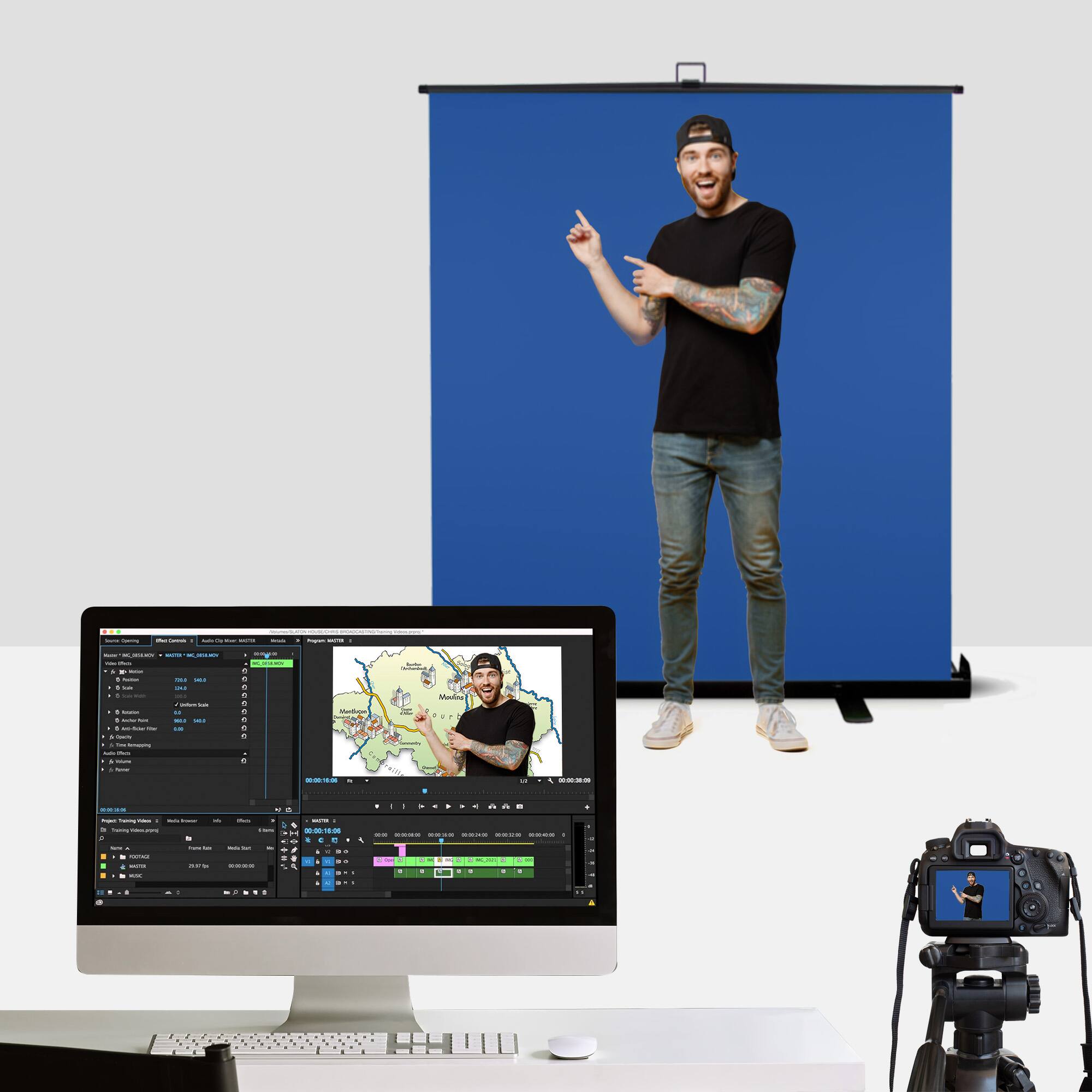 Alt View 2. KHOMO GEAR - Pull-Up Blue Screen – Collapsible Chroma Key Background for Video Editing, Streaming, and Photography - Blue.