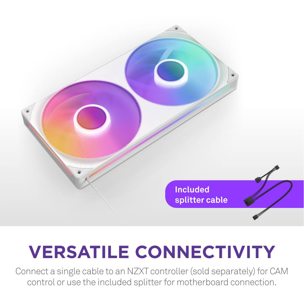 Versatile Connectivity: Connect a single cable to an NZXT controller (sold separately) for control or use the included splitter for motherboard connection.