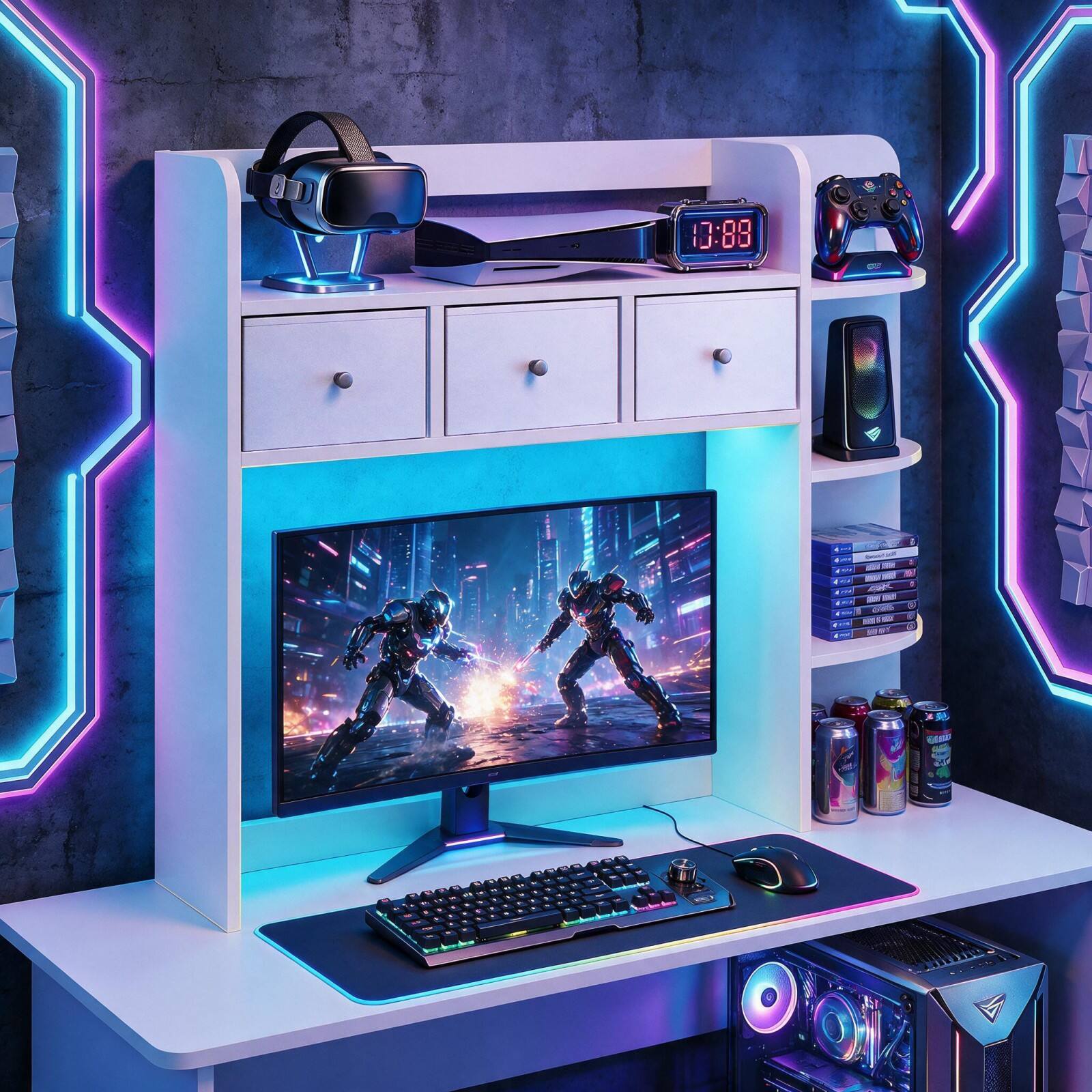 Alt View 4. Costway - Costway Desktop Bookshelf with LED Lights, 5-Tier Shelves & 3 Fabric Drawers for Dorm - White.