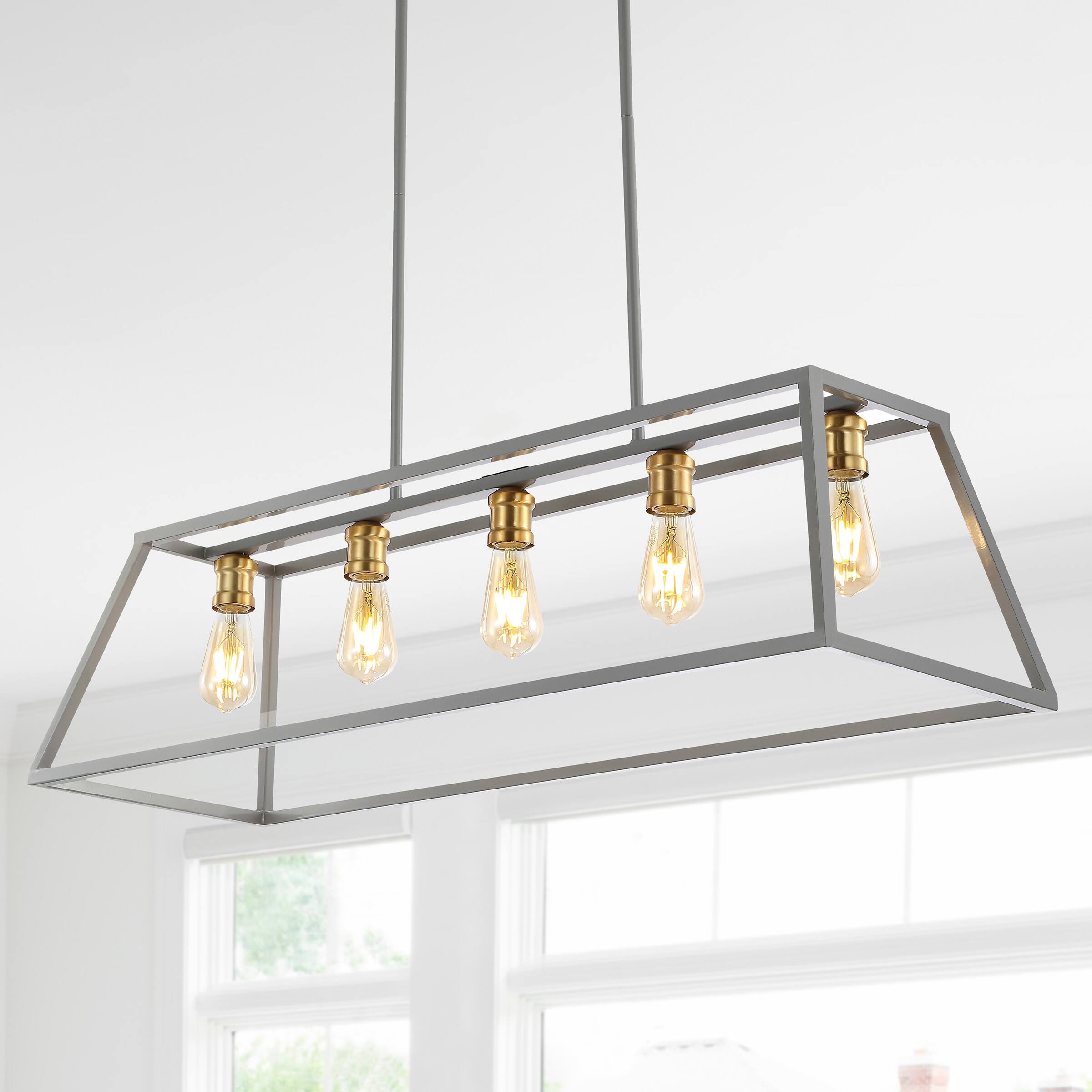 Alt View 1. Jonathan Y - Floyd 38" 5-Light Bohemian Farmhouse Iron Adjustable LED Pendant, Grey/Brass Gold - Gray.