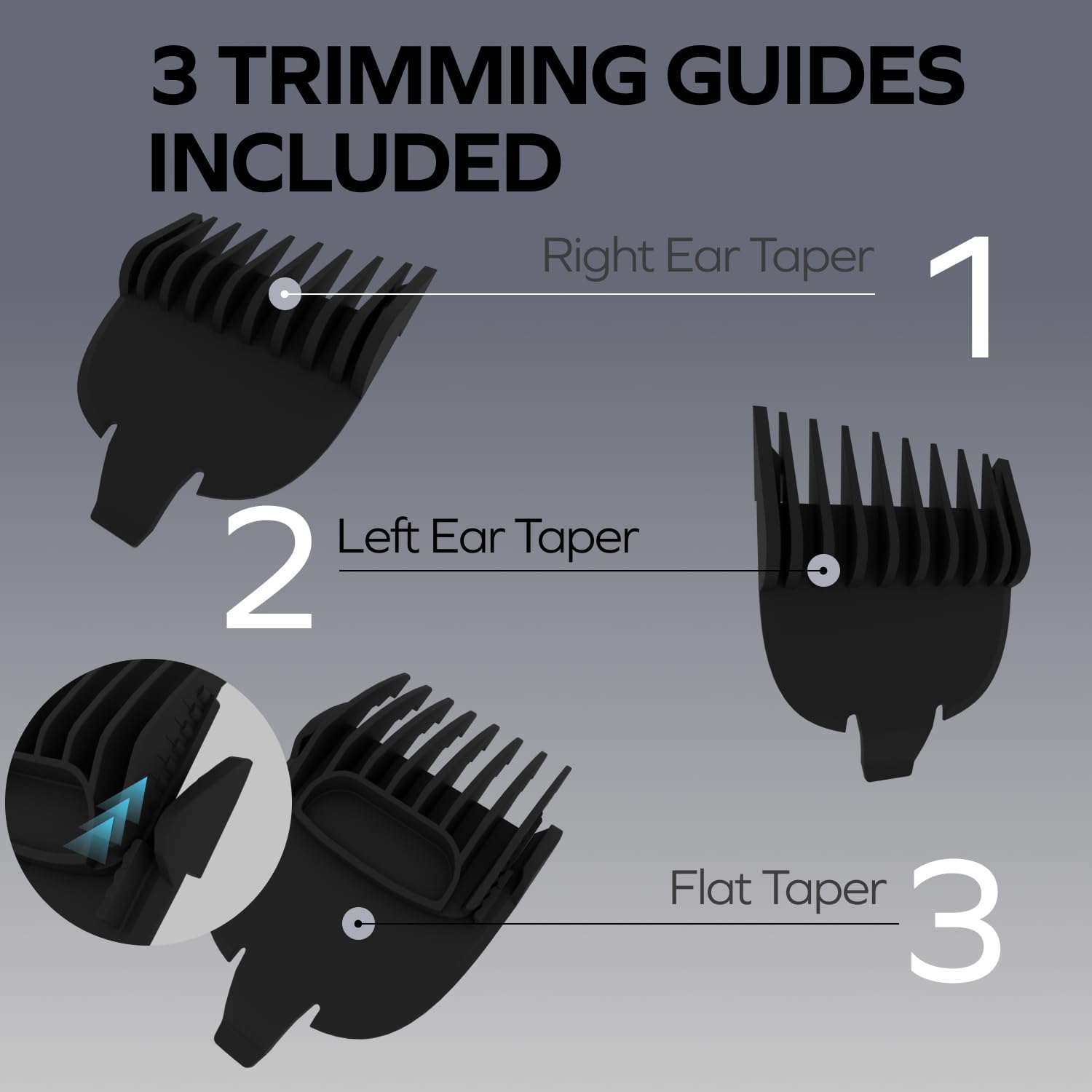 3 TRIMMING GUIDES INCLUDED

1. Right Ear Taper
2. Left Ear Taper
3. Flat Taper