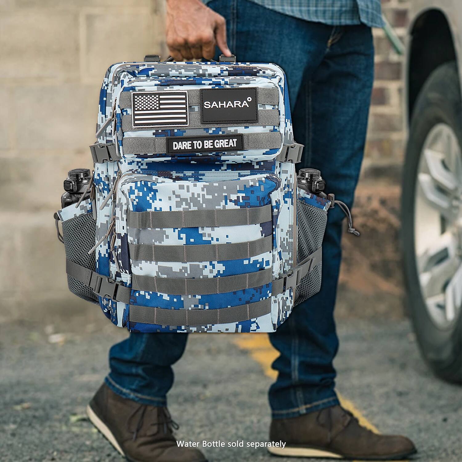 The text on the image reads "SAHARA DARE TO BE GREAT Water Bottle sold separately."