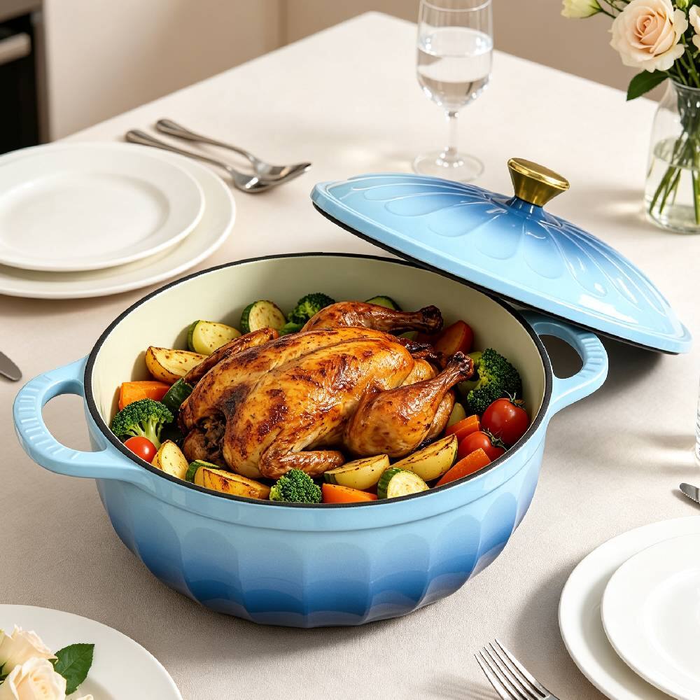 Alt View 4. Winado - 5 QT Enameled Cast Iron Dutch Oven with Gradient Petal Texture,Heat-Resistant Gloves, Pot Mat for Bread Baking, Roasting - Blue.