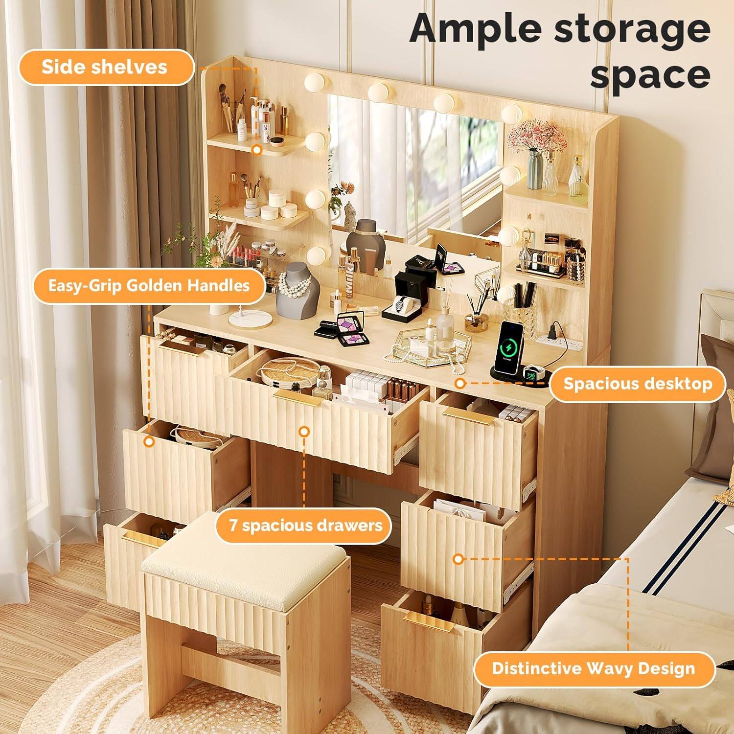- Side shelves
- Easy-Grip Golden Handles
- Spacious desktop
- 7 spacious drawers
- Distinctive Wavy Design
- Ample storage space