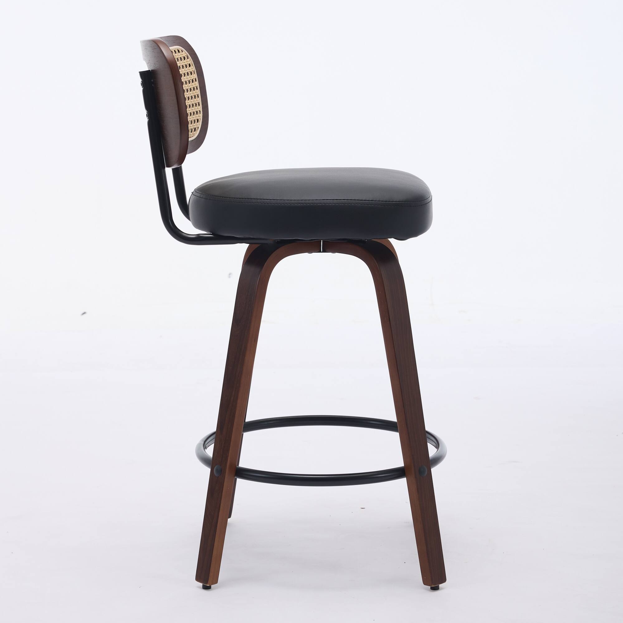 Back. APRILSOUL - Set of 3 Counter Height Bar Stools 26 inch Rattan Cane Back Upholstered Seat Walnut Black Swivel - Black.