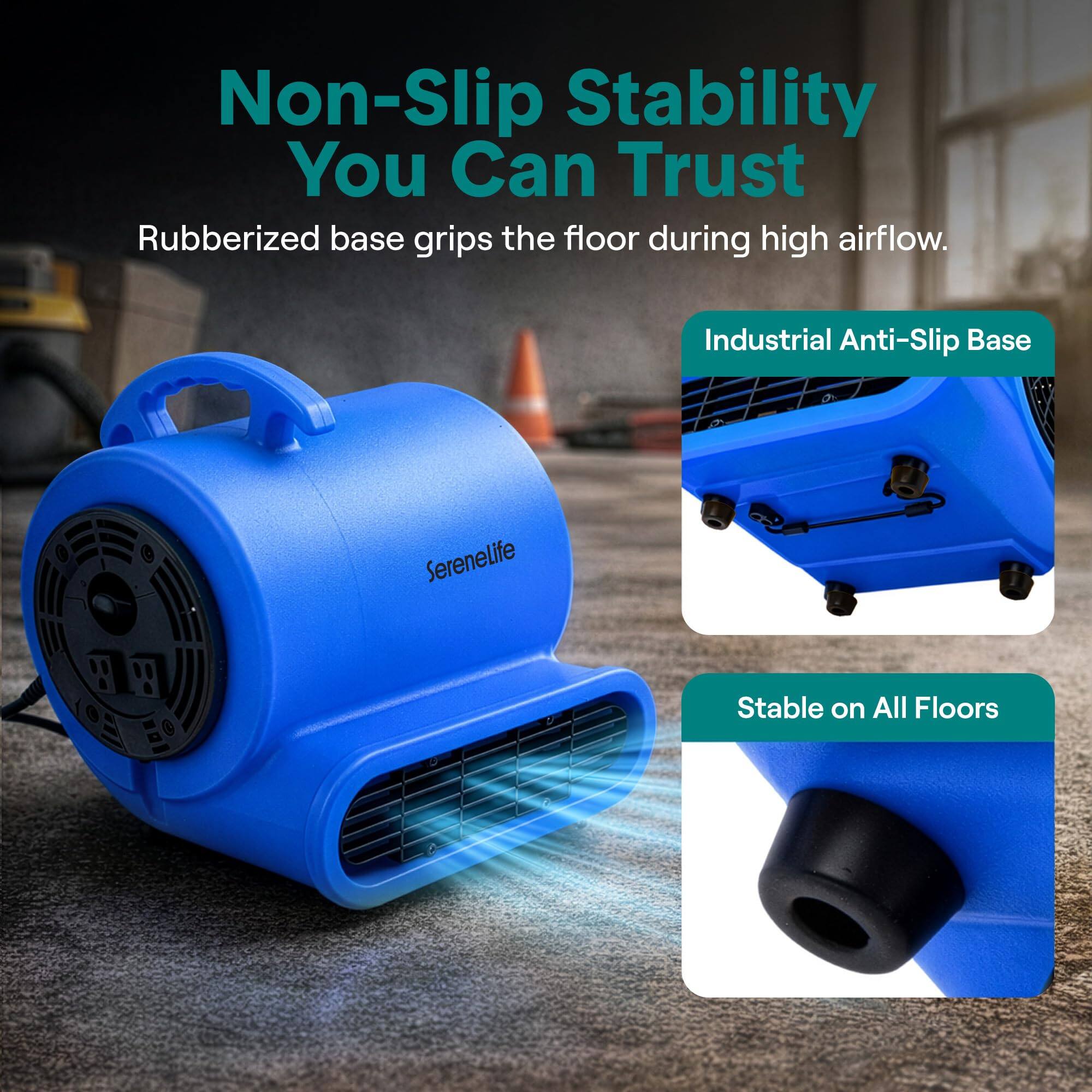 Non-Slip Stability You Can Trust

Rubberized base grips the floor during high airflow.

Industrial Anti-Slip Base

Stable on All Floors