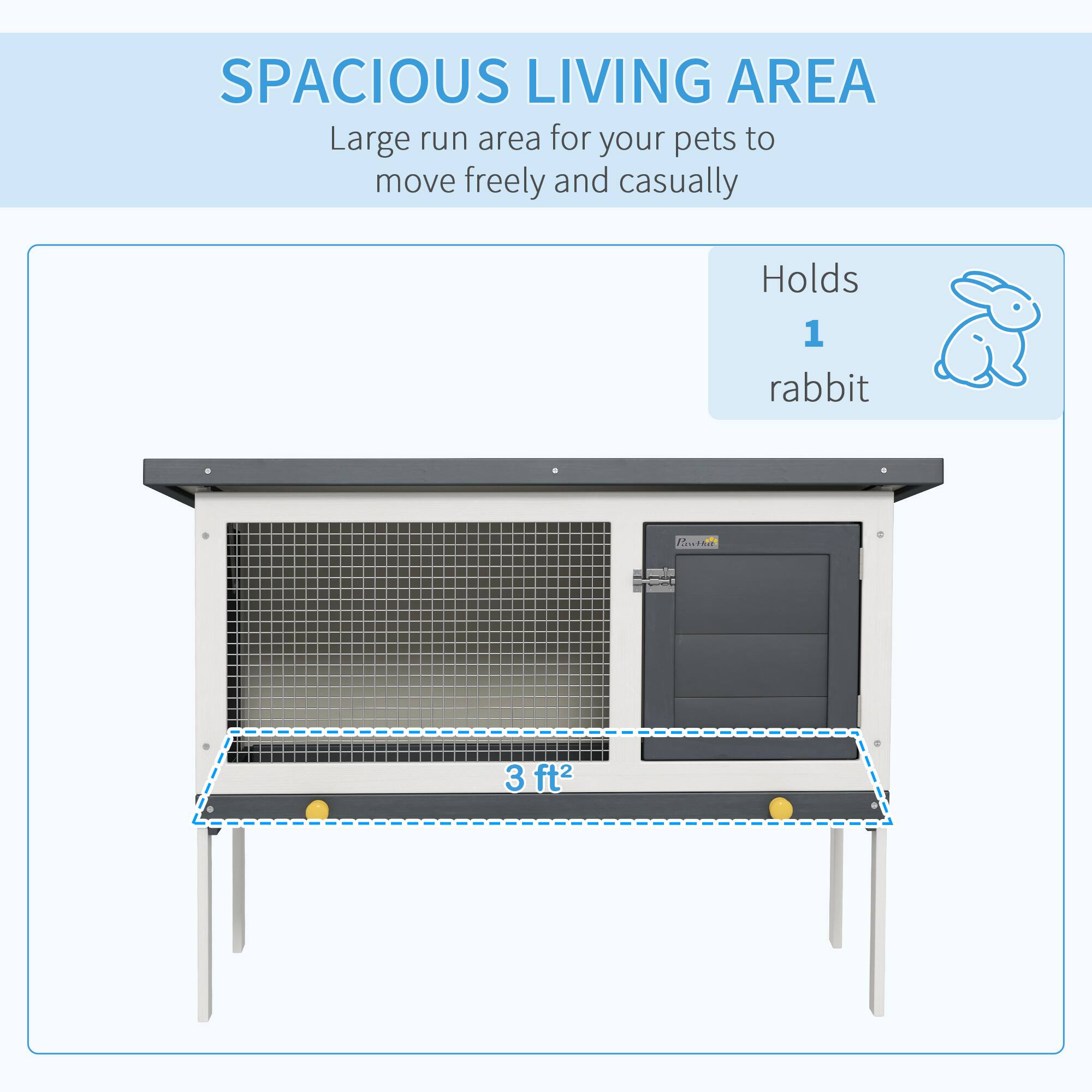 SPACIOUS LIVING AREA  
Large run area for your pets to move freely and casually  

Holds 1 rabbit  

3 ft²