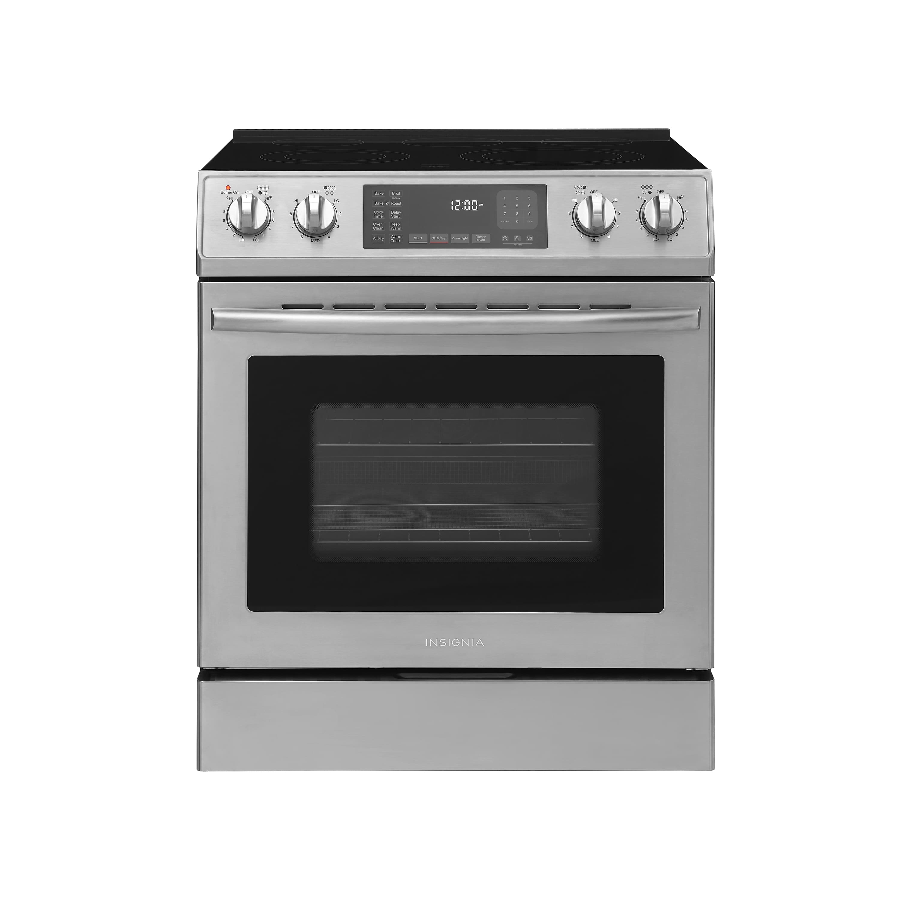 The image shows a stainless steel oven with a digital display that reads "C 2:00 Insignia." The oven has a black door and is likely a part of a kitchen appliance set.