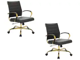 LeisureMod - (Set of 2) Benmar Leather Office Chair with Gold Accents, Adjustable Height, Swivel Ergonomic Design for Home Office - Black