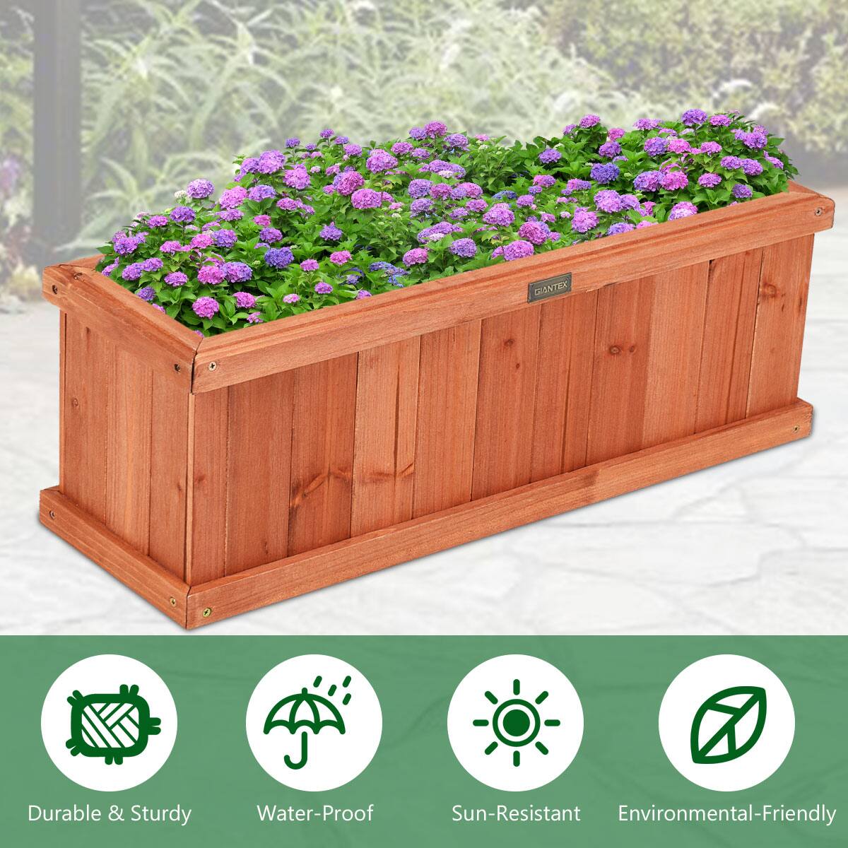 The text on the image reads: "Giant Wooden Planter Durable & Sturdy Water-Proof Sun-Resistant Environmental-Friendly."