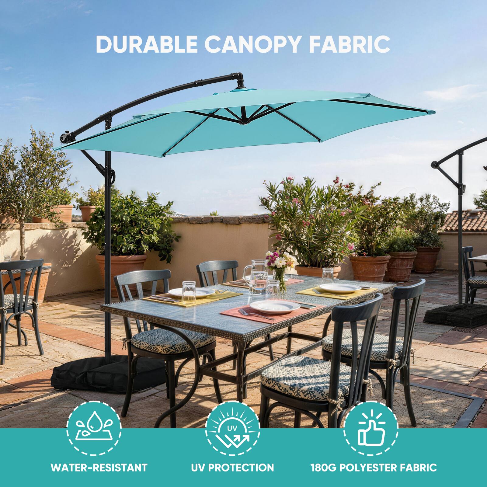 DURABLE CANOPY FABRIC

UV PROTECTION
WATER-RESISTANT
180G POLYESTER FABRIC