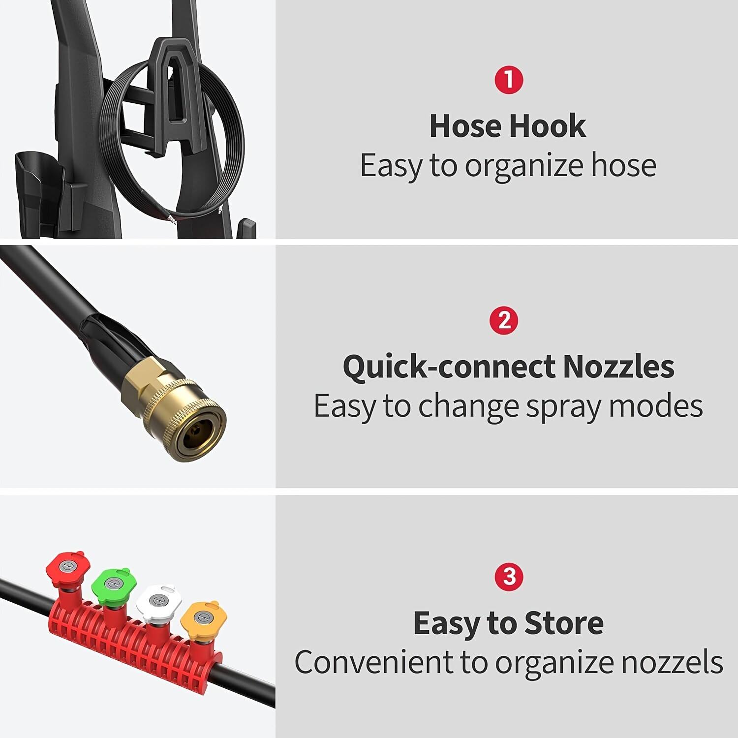 1. Hose Hook: Easy to organize hose  
2. Quick-connect Nozzles: Easy to change spray modes  
3. Easy to Store: Convenient to organize nozzles