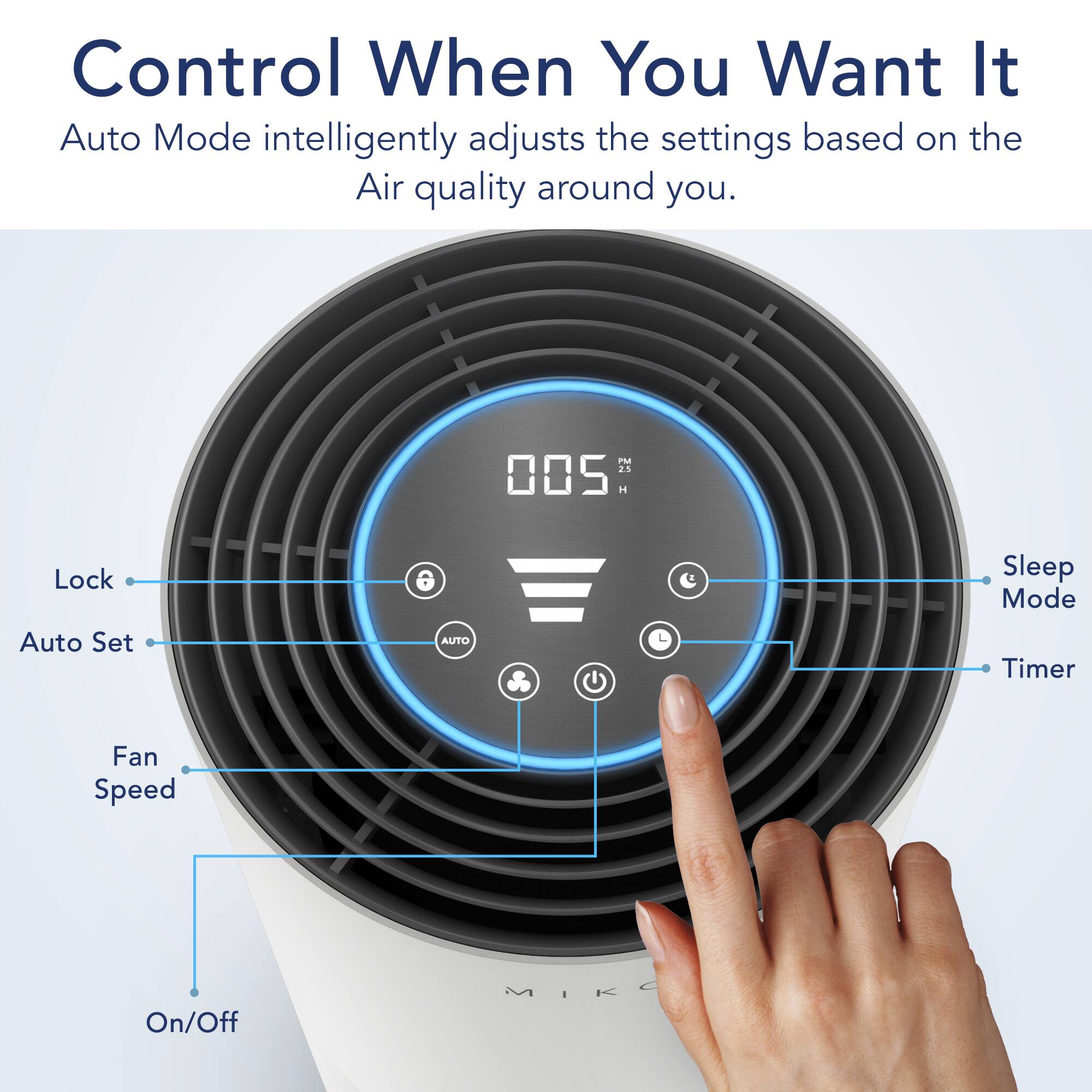 Control When You Want It
Auto Mode intelligently adjusts the settings based on the Air quality around you.
Lock
Sleep Mode
Auto Set
AUTO
Timer
Fan Speed
On/Off