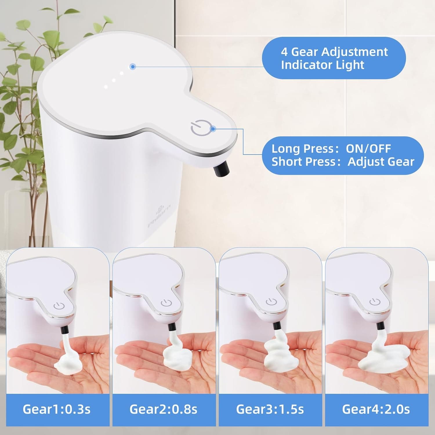 4 Gear Adjustment Indicator Light  
Long Press: ON/OFF  
Short Press: Adjust Gear  

Gear1: 0.3s  
Gear2: 0.8s  
Gear3: 1.5s  
Gear4: 2.0s