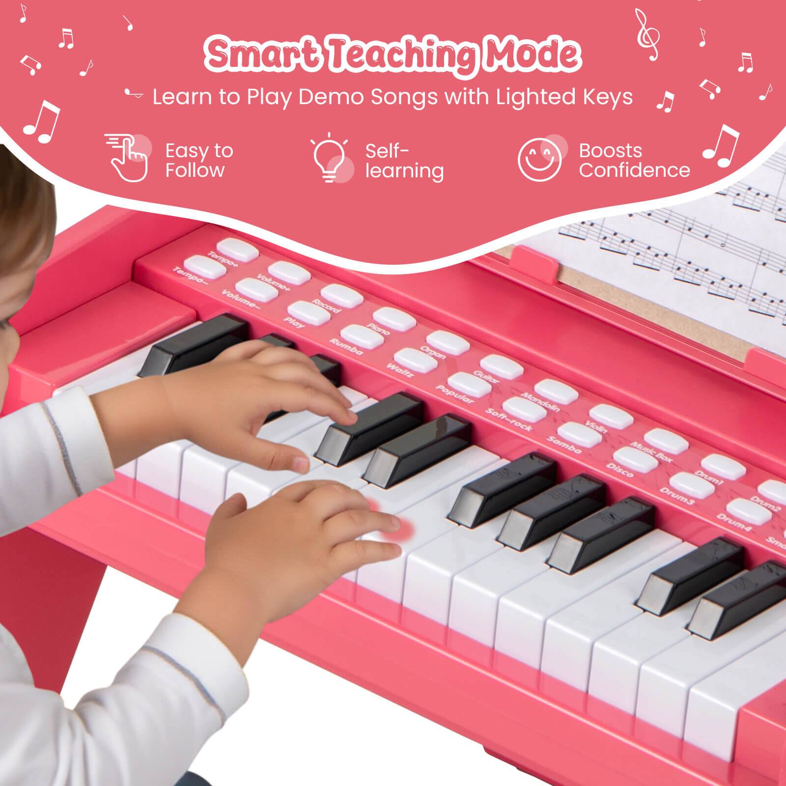 Smart Teaching Mode  
Learn to Play Demo Songs with Lighted Keys  
Easy to Follow  
Self-learning  
Boosts Confidence  

- Tempo  
- Volume  
- Record  
- Play  
- Rumba  
- Waltz  
- Pop  
- Soft-rock  
- Rock  
- Samba  
- Disco  
- Drum1  
- Drum2  
- Drum3  
- Drum4  
- Slow