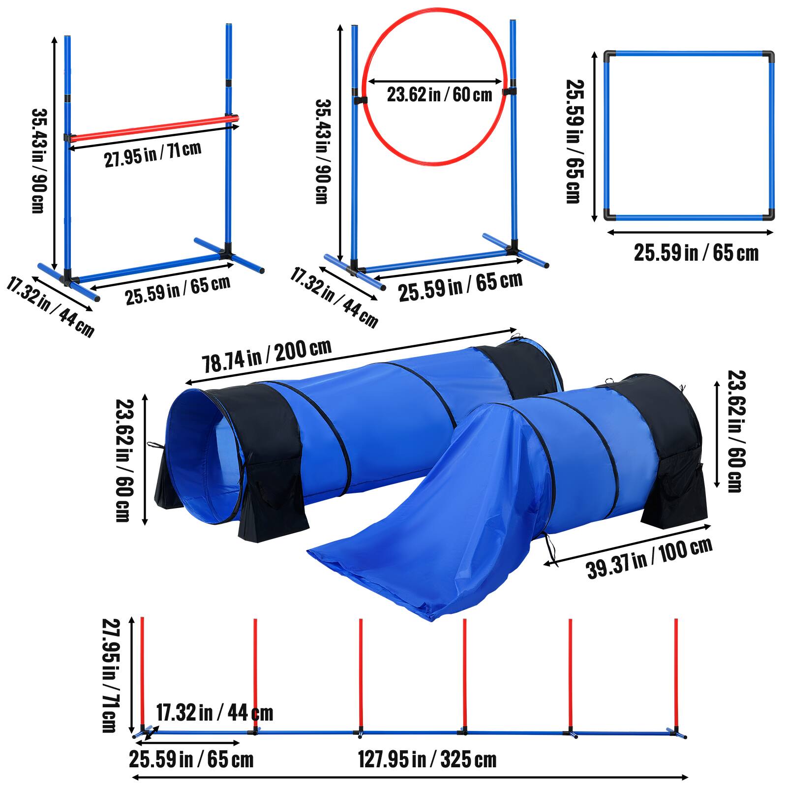 35.43in/90 cm, 27.95in/71cm, 23.62in/60cm, 25.59in/65cm, 17.32in/44cm, 200cm, 78.74in, 127.95in/325cm, 39.37in