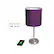 The image features a purple lamp with a built-in USB port. The lamp is connected to a cell phone, which is charging. The USB port allows for easy charging of devices without the need for additional cords or adapters. The lamp is a convenient and stylish way to keep your phone charged and provide lighting at the same time.