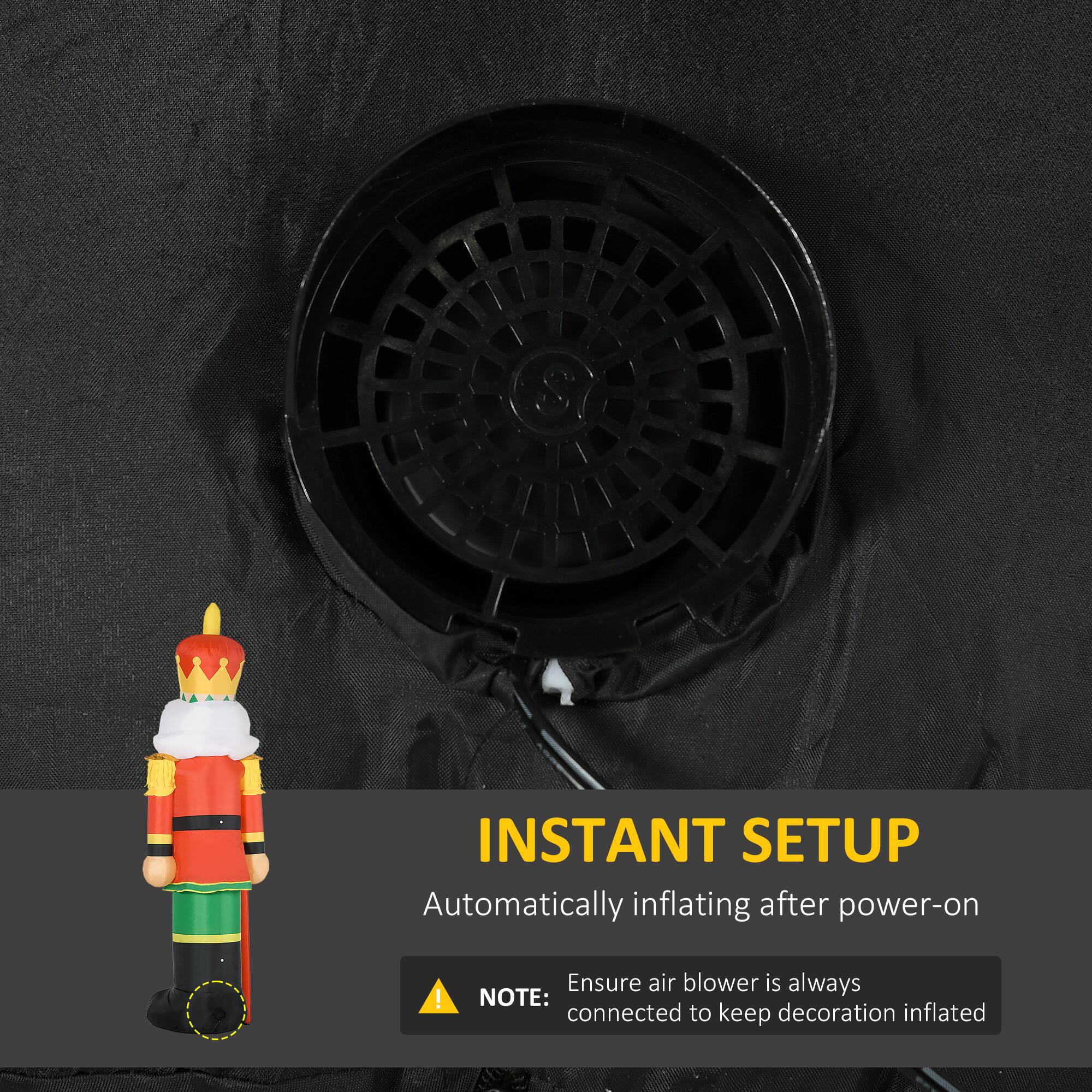 INSTANT SETUP  
Automatically inflating after power-on  

NOTE: Ensure air blower is always connected to keep decoration inflated