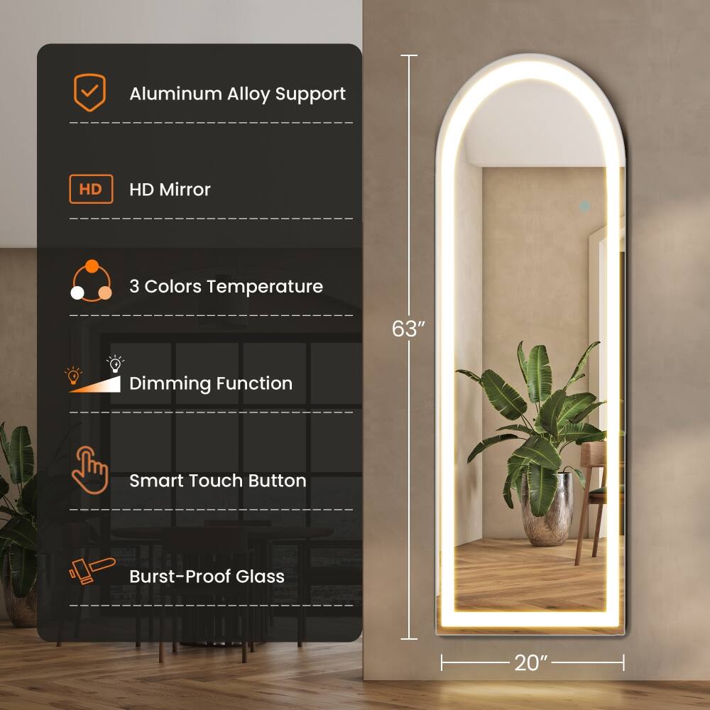 - Aluminum Alloy Support
- HD Mirror
- 3 Colors Temperature
- Dimming Function
- Smart Touch Button
- Burst-Proof Glass

Dimensions:
- Height: 63"
- Width: 20"
