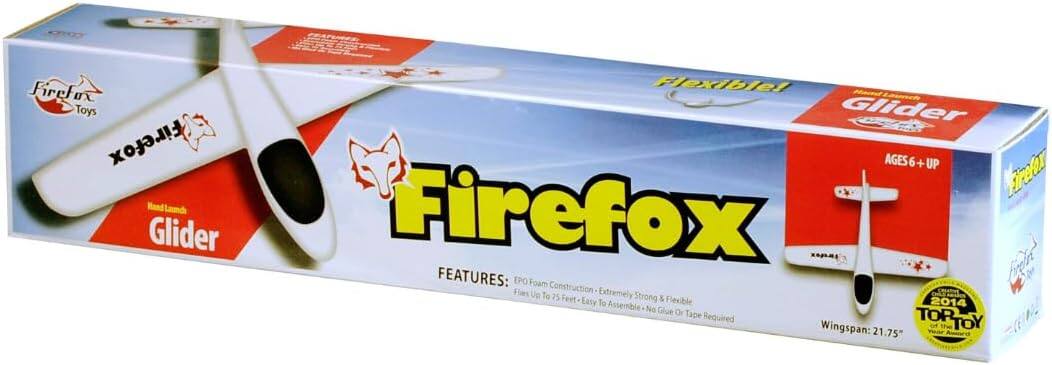 Firefox Toys Firefox Hand Launch Glider Flexible Glider  
AGES 6+ UP  

FEATURES:  
- EPO Foam Construction  
- Extremely Strong & Flexible  
- Flies Up To 75 Feet  
- Easy To Assemble  
- No Glue Or Tape Required  

Wingspan: 21.75"  

2014 TOP TOY OF THE YEAR